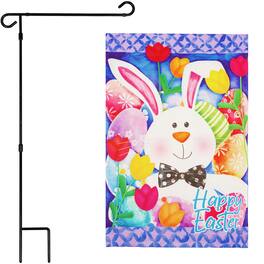 G128 - Garden Flag Stand 36 x 16 in with 12 x 18 in Happy Easter Bunny Tulips Double-Sided Flag - Multicolor