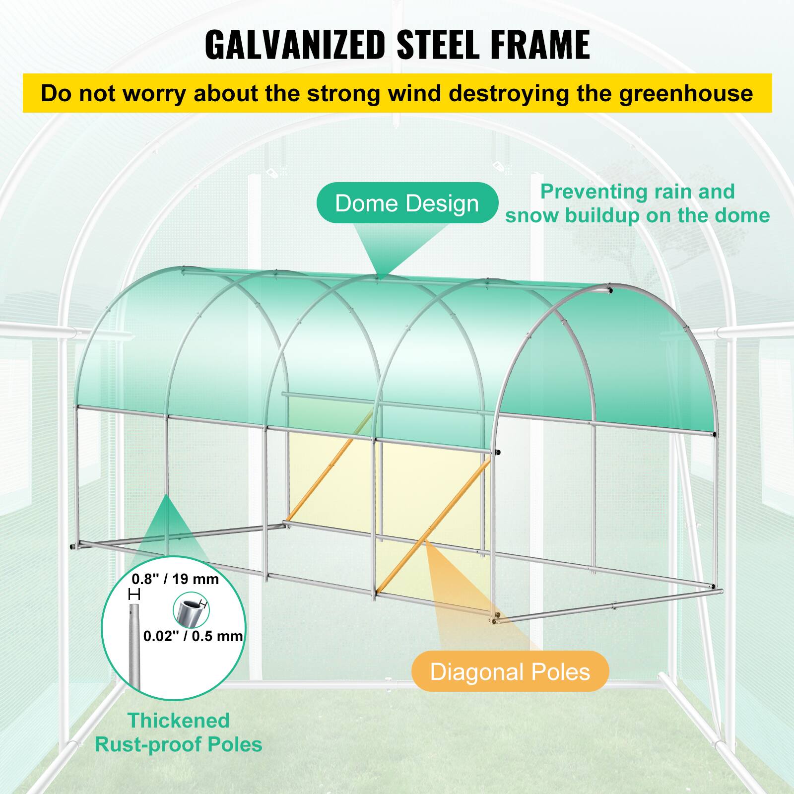 GALVANIZED STEEL FRAME

Do not worry about the strong wind destroying the greenhouse

Dome Design
Preventing rain and snow buildup on the dome

0.8"/19 mm
0.02"/0.5 mm

Diagonal Poles
Thickened Rust-proof Poles