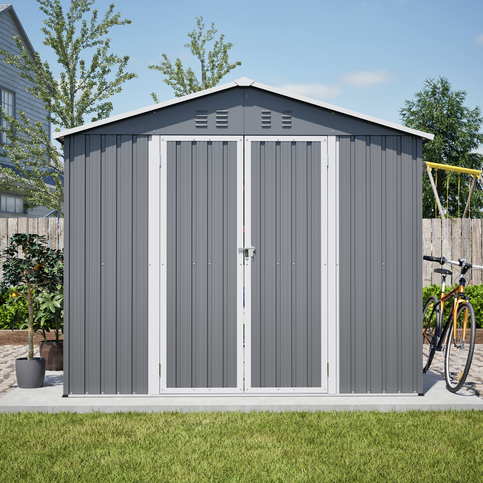 Alt View 6. Loheer - Loheer 8x12 FT Metal Outdoor Storage Shed Lockable Backyard Garden Tool Storage House Galvanized Steel Grey.