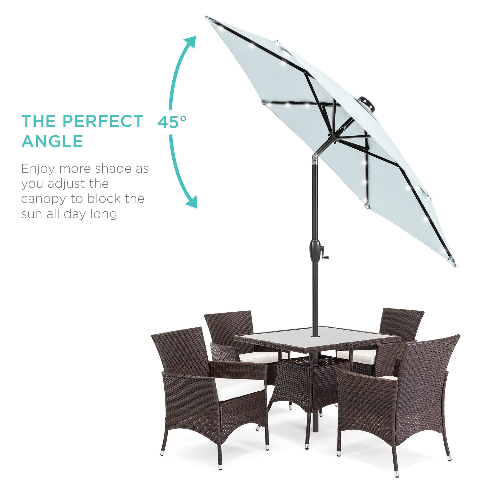 THE PERFECT 45° ANGLE

Enjoy more shade as you adjust the canopy to block the sun all day long