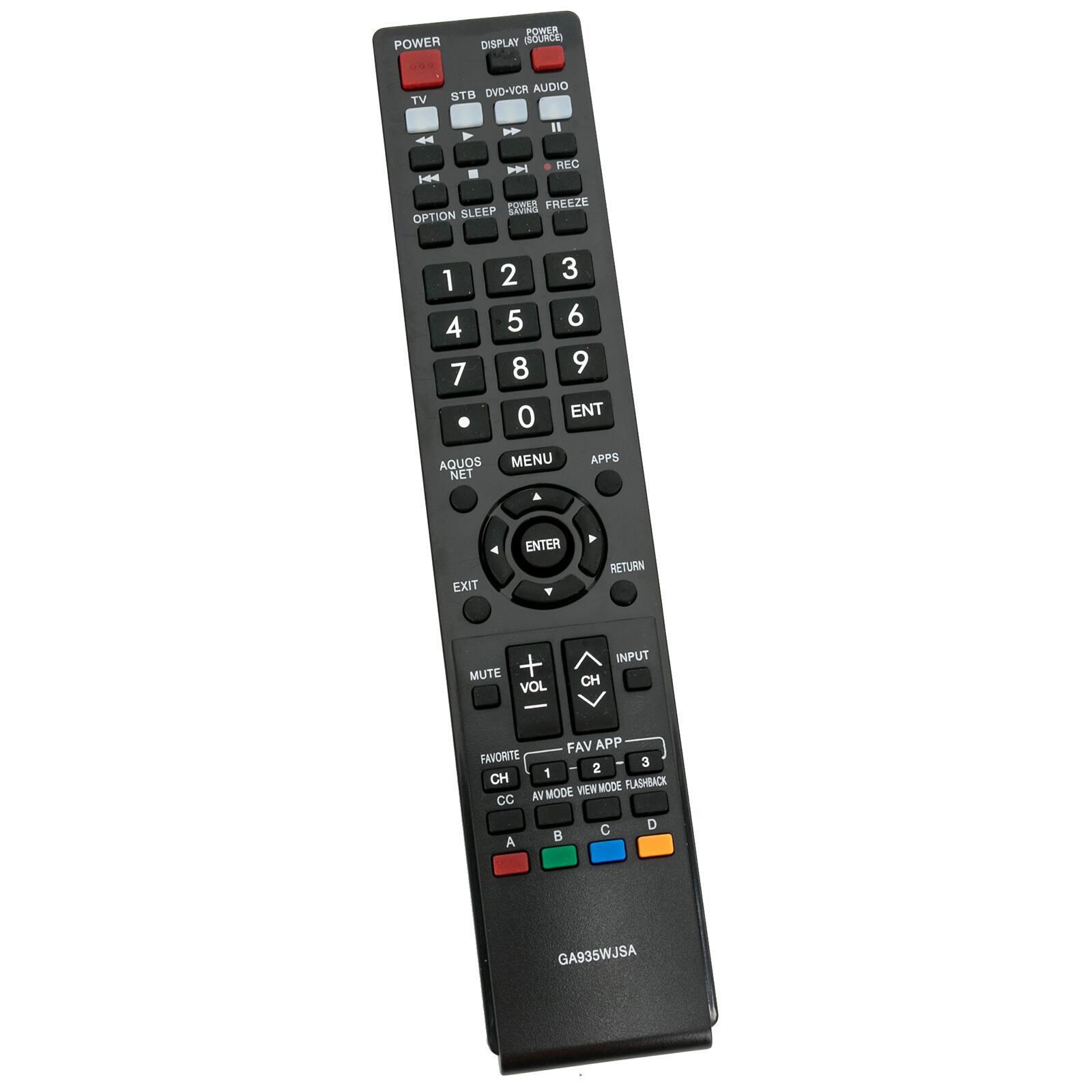 POWER DISPLAY SOURCE TV DVD-VCR AUDIO STB 44 Y - I H4 - M REG eoe5 FREEZE SLEEP Advida OPTION 1 2 3 4 5 6 7 8 9 0 ENT AQUOS NET MENU APPS EXIT RETURN MUTE + VOL INPUT CH FAV APP FAVORITE 3 1 2 CH FLUASHBACK MODE VIEW MODE CC KN A B C D GAG35WJSA