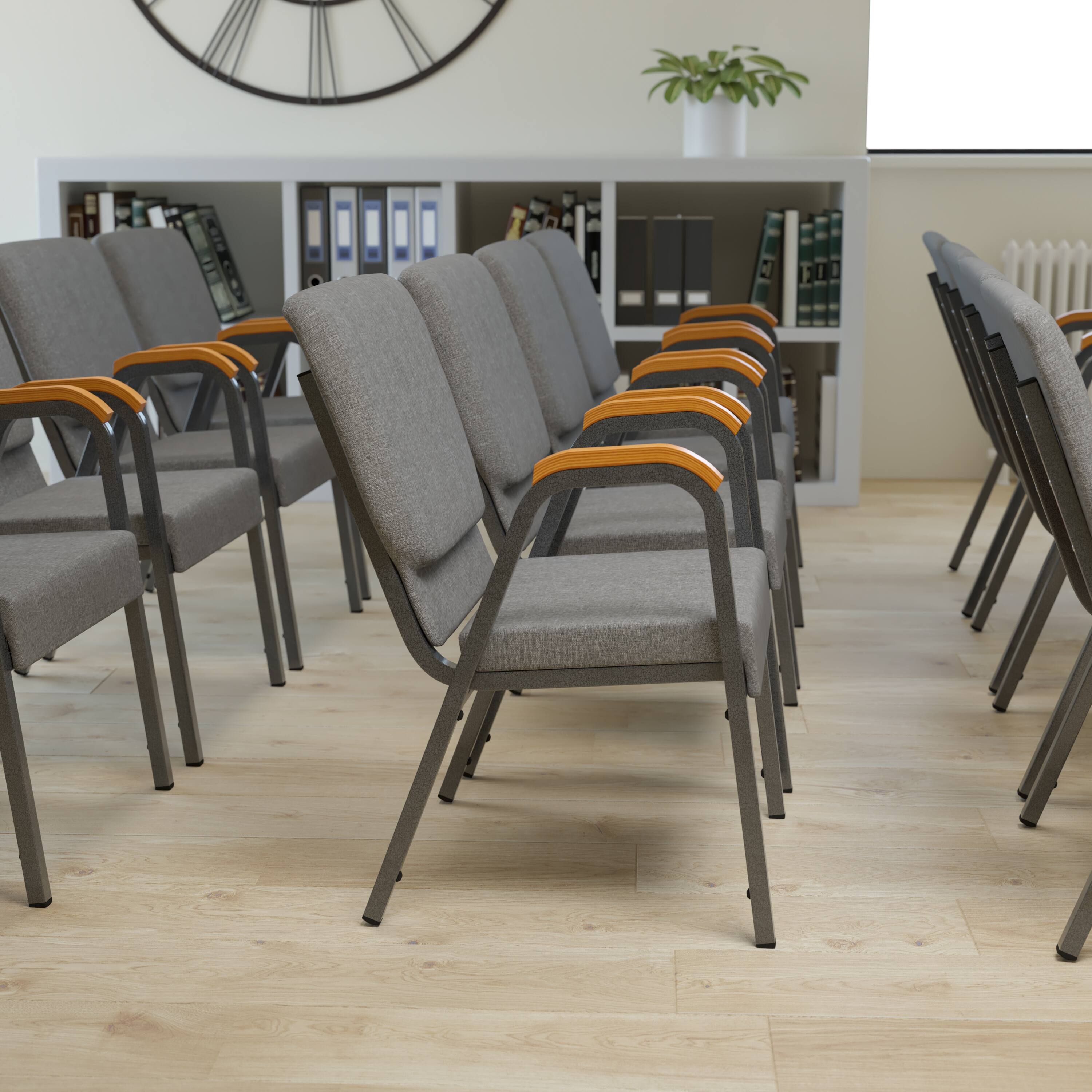 Alt View 1. Emma + Oliver - 21" Stackable Church Chair with Arms - Gray Fabric/Silver Vein Frame.