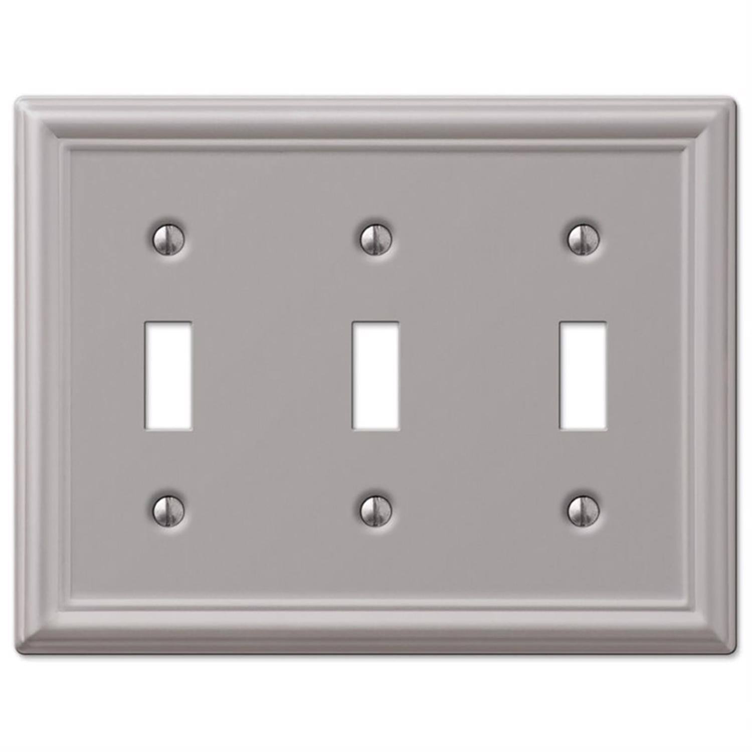 Angle. AMERELLE - Amerelle Chelsea Brushed Nickel 3 gang Stamped Steel Toggle Wall Plate 1 pk - Nickel.