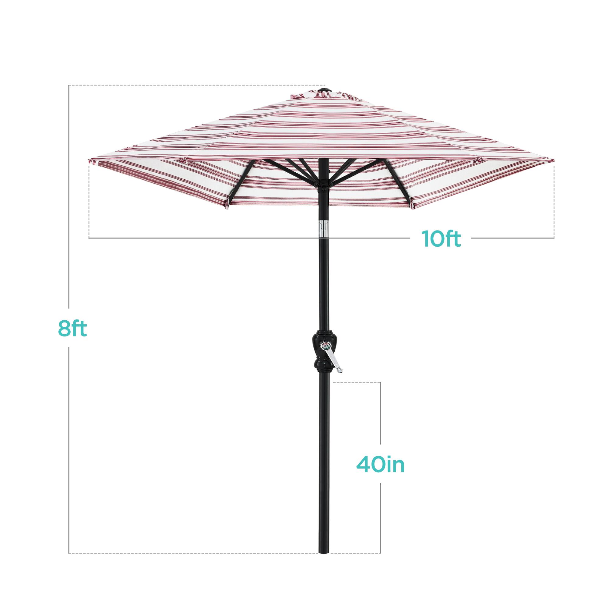 The dimensions of the umbrella are:

- Diameter: 10 feet
- Height: 8 feet
- Shaft Diameter: 40 inches