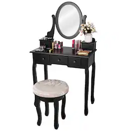 Costway - Vanity Table Makeup Table Cushioned Mirror 5 Drawers - Black