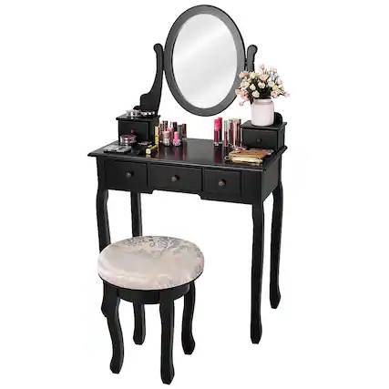 Front. Costway - Costway Vanity Table Makeup Table Cushioned Mirror 5 Drawers - Black.