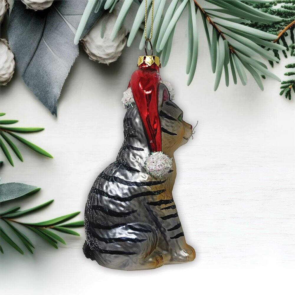 Left. OrnamentallyYou - Tabby Cat with Santa Hat Glass Christmas Ornament - Multi-colored.