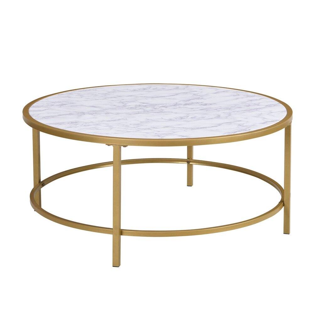 Front. Carolina Chair & Table - Verazano Faux Marble Top 36" Round Coffee Table - Gold - Gold.