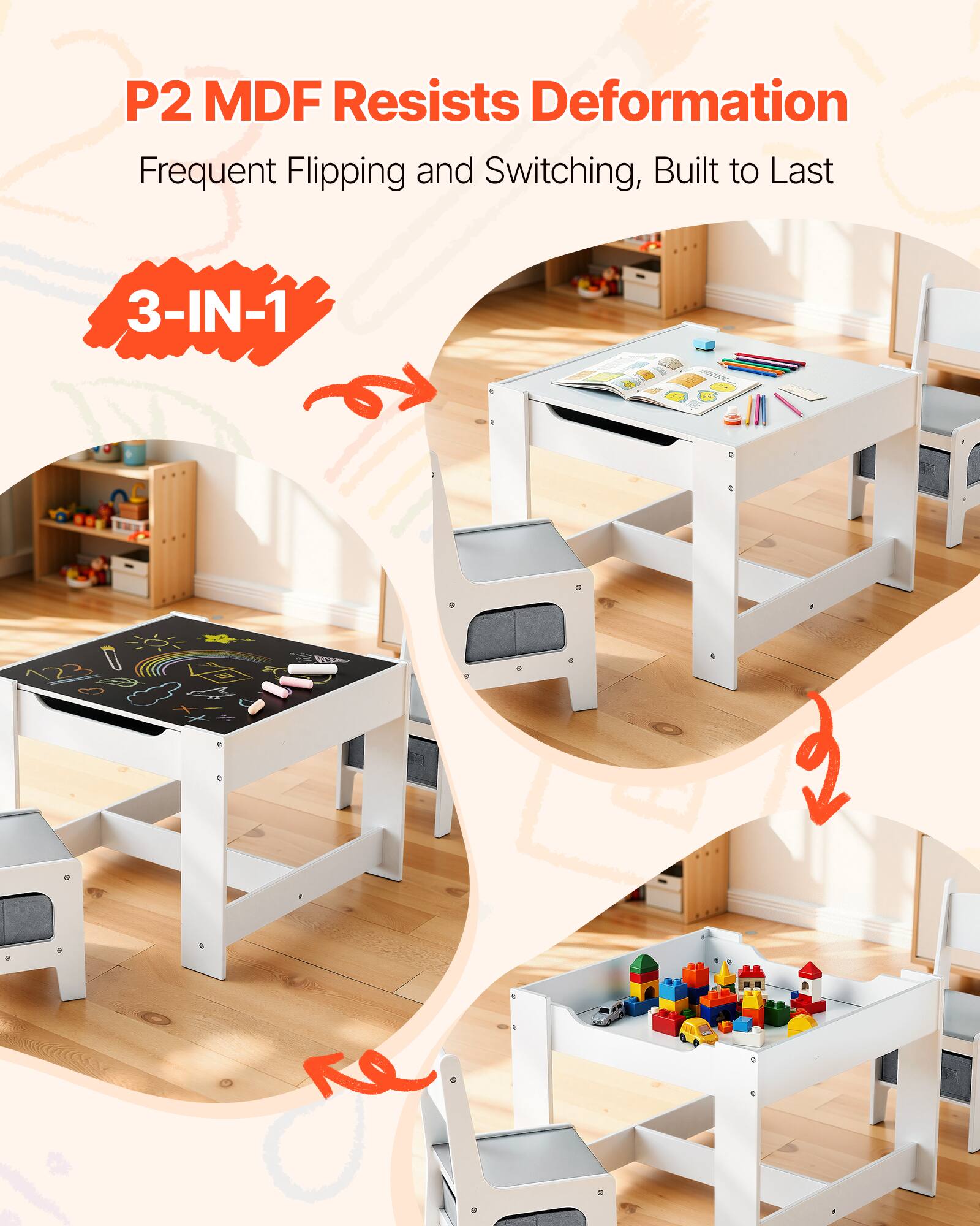 P2 MDF Resists Deformation  
Frequent Flipping and Switching, Built to Last  

3-IN-1