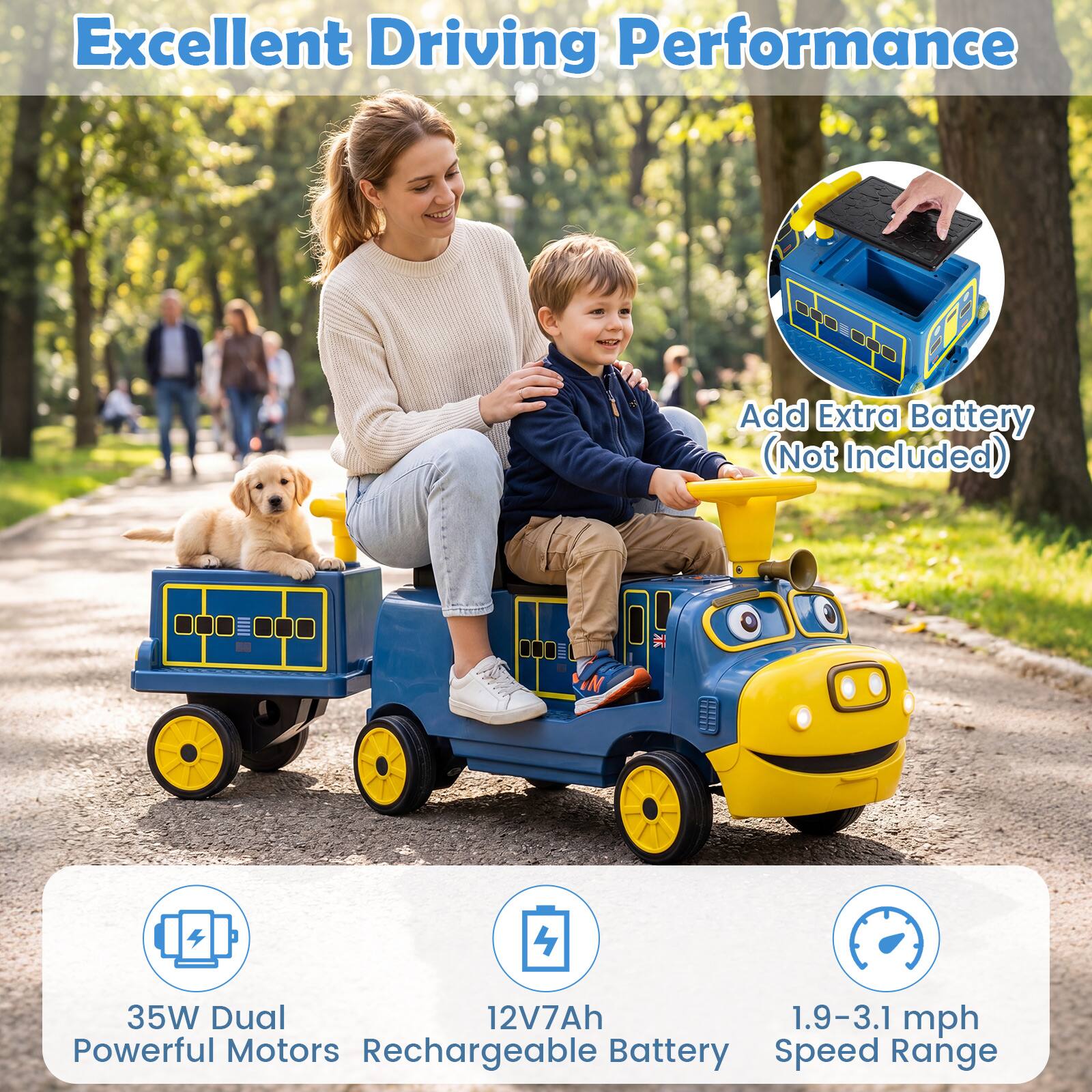 Excellent Driving Performance  
Add Extra Battery (Not Included)  
35W Dual 12V7Ah Powerful Motors  
Rechargeable Battery  
Speed Range: 1.9-3.1 mph