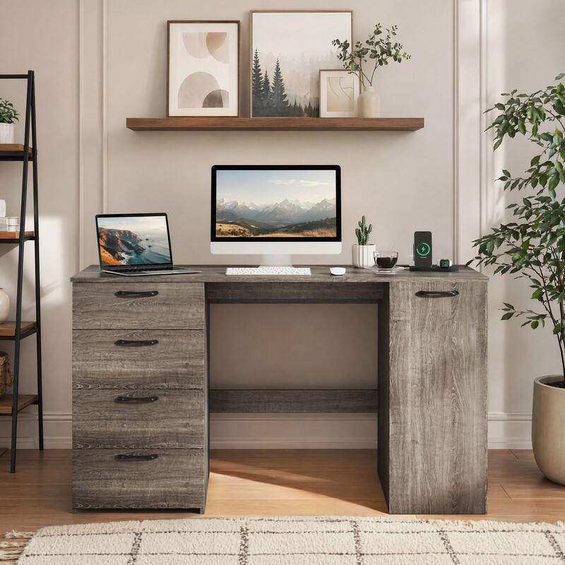 Angle. WELLFOR - 53" Computer Desk with Power Outlets and 4 Storage Drawers, Executive Desk with Cabinet For Home Office - Gray.