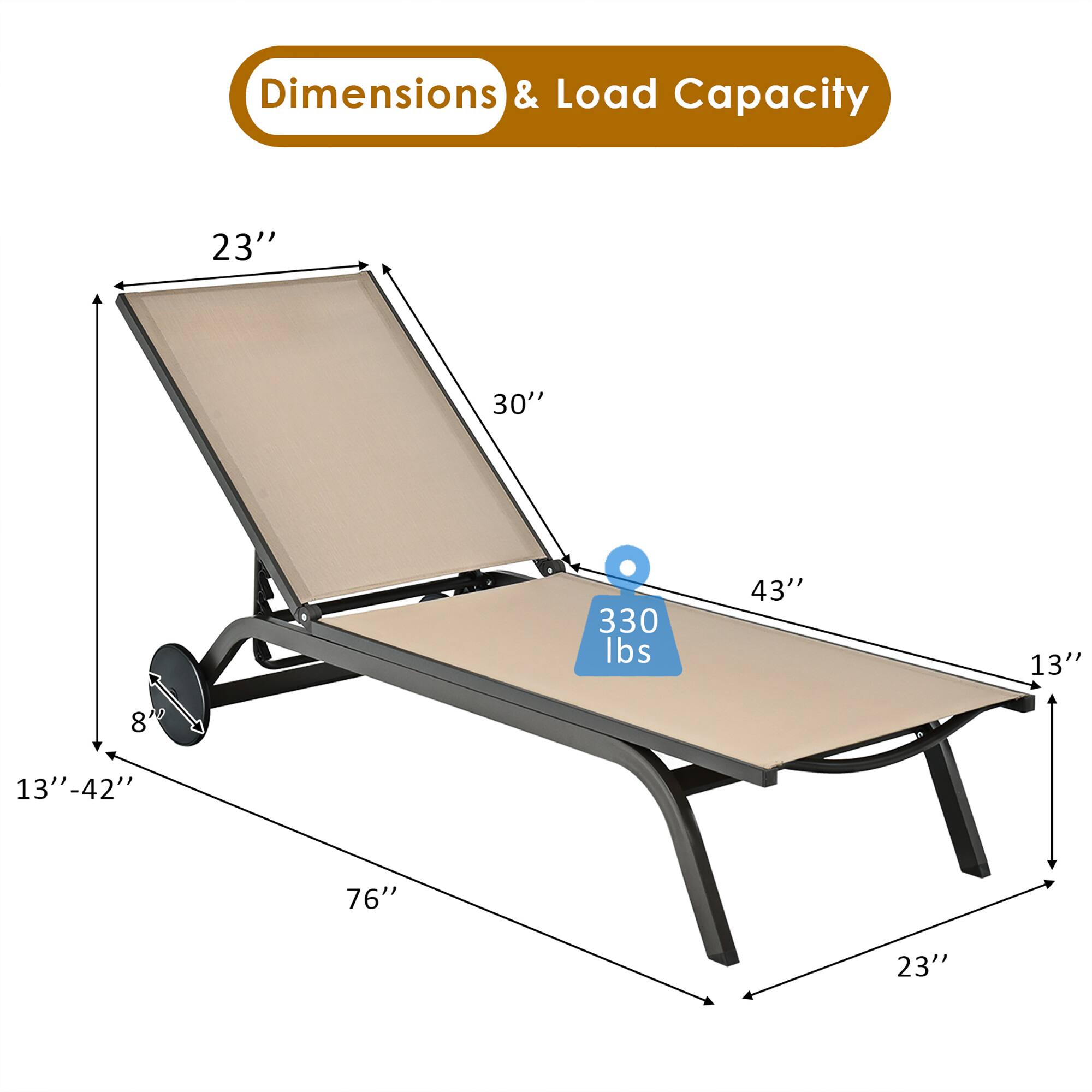 Dimensions & Load Capacity: 23", 30", 330 lbs, 43", 13", 8", 13"-42", 76", 23"