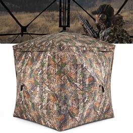 Costway - 270° See Through Hunting Blind Tent, 2-3 Person Pop-Up Ground Blind with Windows - Camouflage