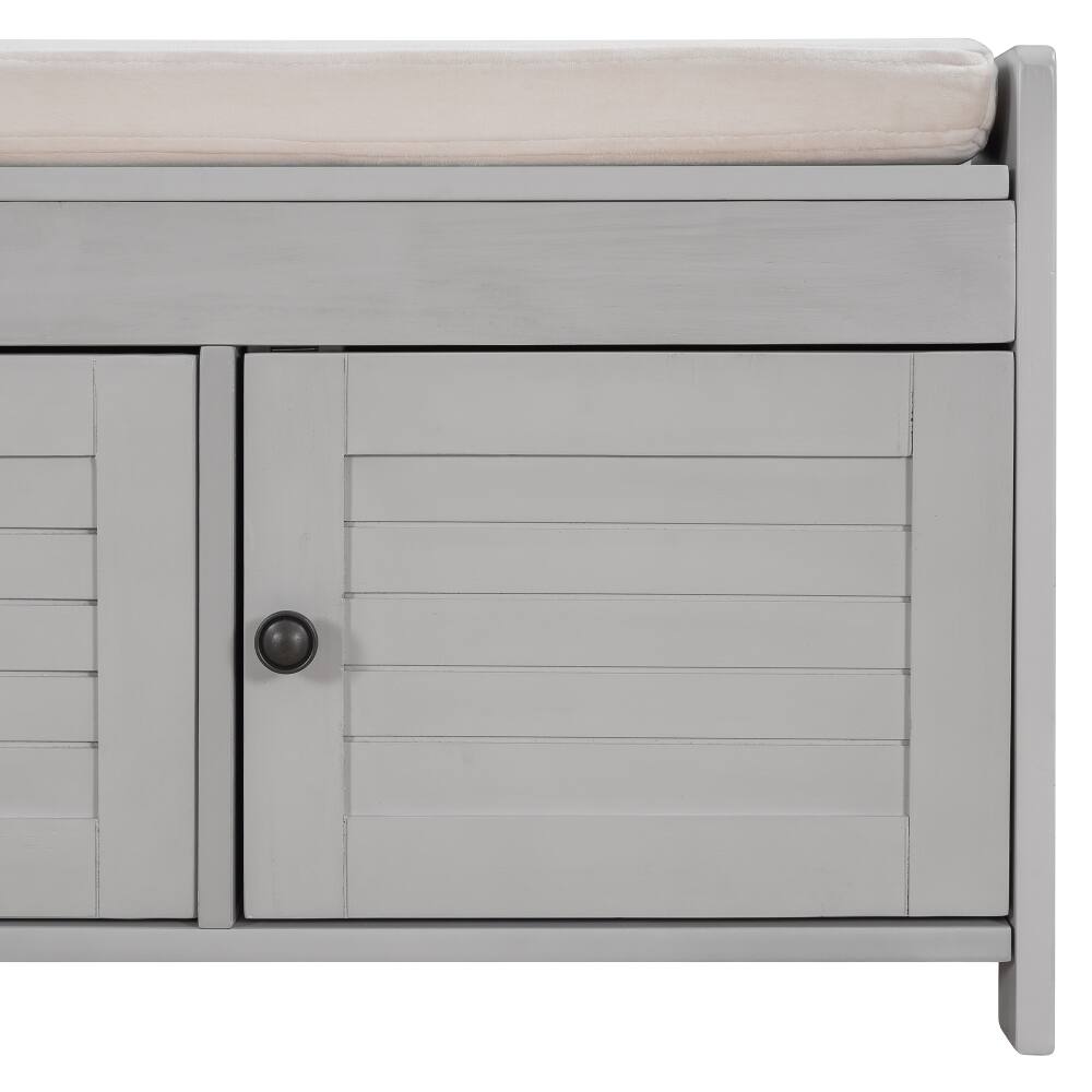 Alt View 1. Ropilly - Ropilly Gray Wash Storage Bench with Shutter Doors Removable Cushion and Hidden Storage Entryway Shoe Bench - Gray Wash.