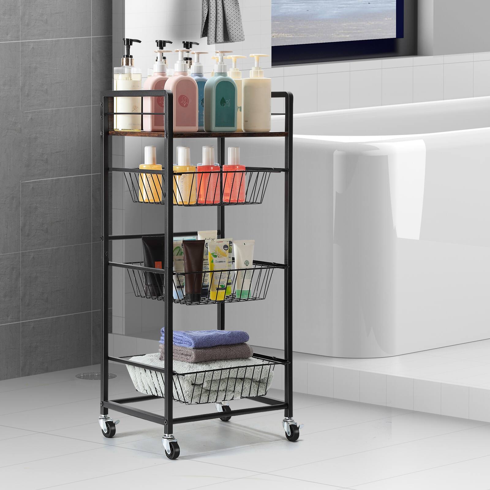 Angle. Oumilen - Rolling Storage Cart with 3 Pull-Out Baskets, Black - Brown.