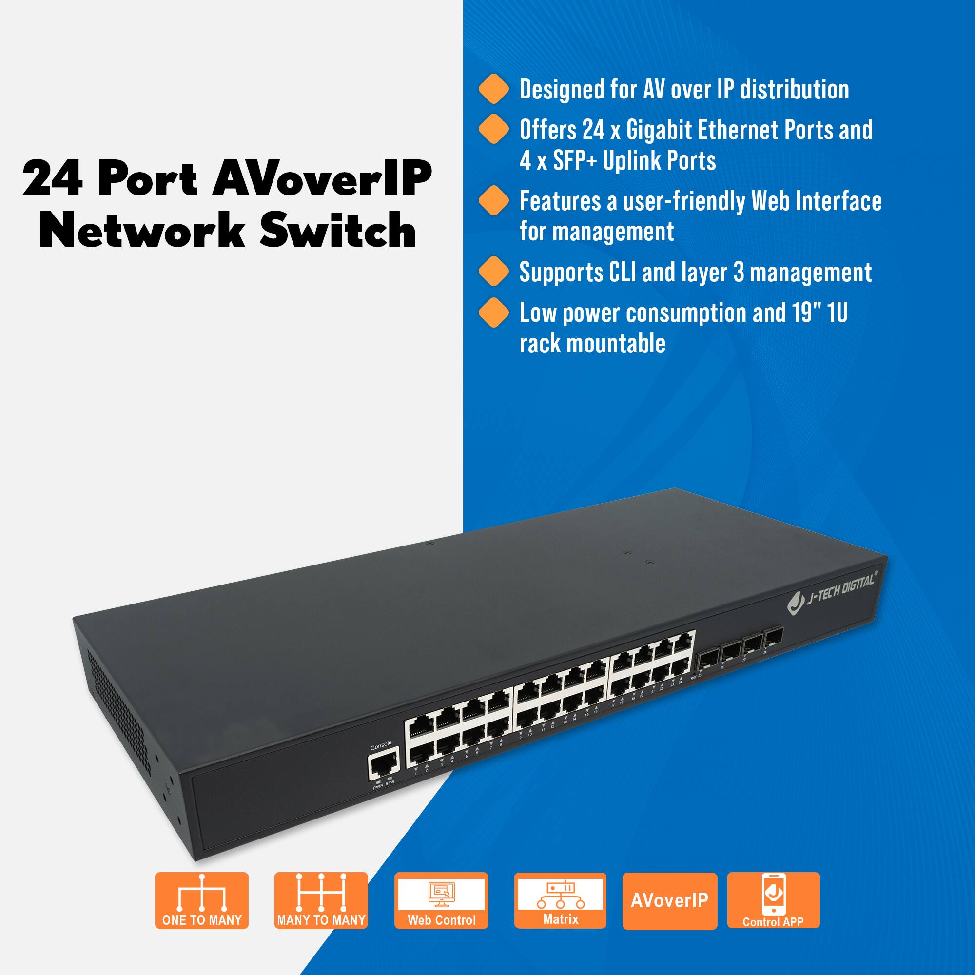 24 Port AVoverIP Network Switch

- Designed for AV over IP distribution
- Offers 24 x Gigabit Ethernet Ports and 4 x SFP+ Uplink Ports
- Features a user-friendly Web Interface for management
- Supports CLI and layer 3 management
- Low power consumption and 19" 1U rack mountable

ONE TO MANY  
MANY TO MANY  
Web Control  
Matrix  
AVoverIP  
Control APP