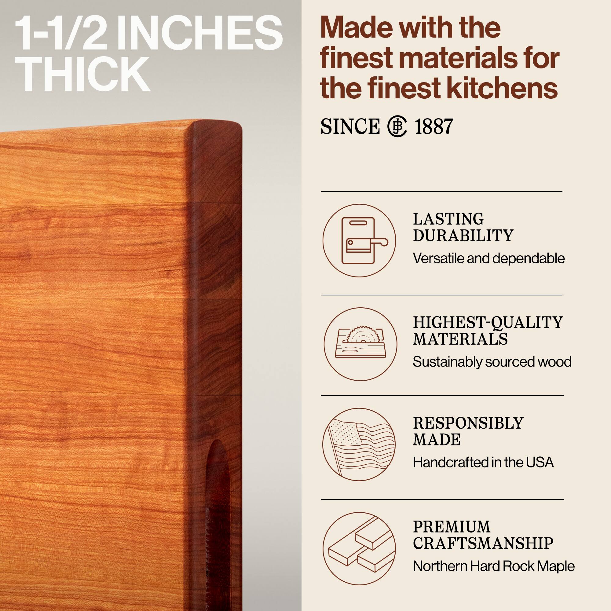 1-1/2 INCHES THICK

Made with the finest materials for the finest kitchens SINCE 1887

LASTING DURABILITY
Versatile and dependable

HIGHEST-QUALITY MATERIALS
Sustainably sourced wood

RESPONSIBLY MADE
Handcrafted in the USA

PREMIUM CRAFTSMANSHIP
Northern Hard Rock Maple