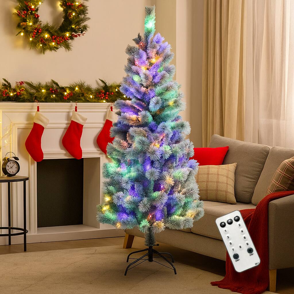 Angle. BreeBe - Flocked Artificial Tree with 9 Light Modes – 5/6/7.5/8ft Pre-Lit Design - White.