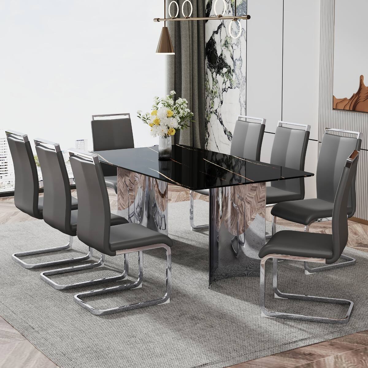Alt View 8. Loheer - Loheer Black Faux Marble Glass Dining Table with Silver Metal Legs, Modern Minimalist Design - Black.