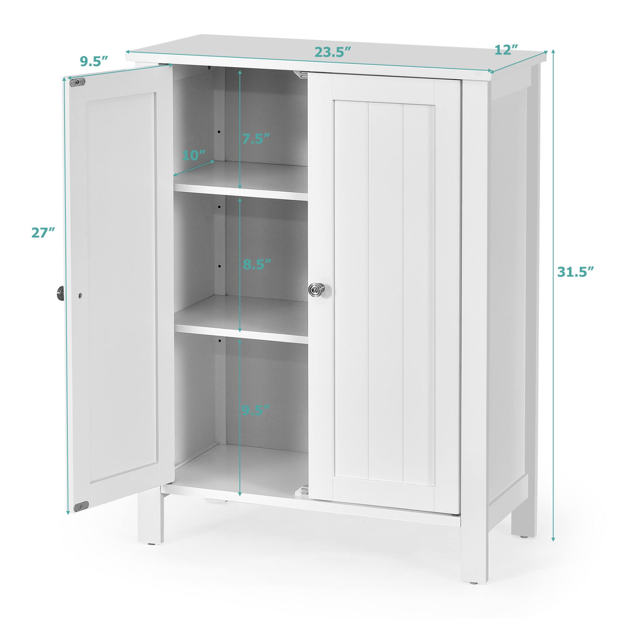- Height: 31.5"
- Width: 23.5"
- Depth: 12"
- Door Height: 27"
- Door Width: 9.5"
- Shelf 1 Height: 10"
- Shelf 2 Height: 8.5"
- Shelf 3 Height: 7.5"
- Shelf 4 Height: 9.5"