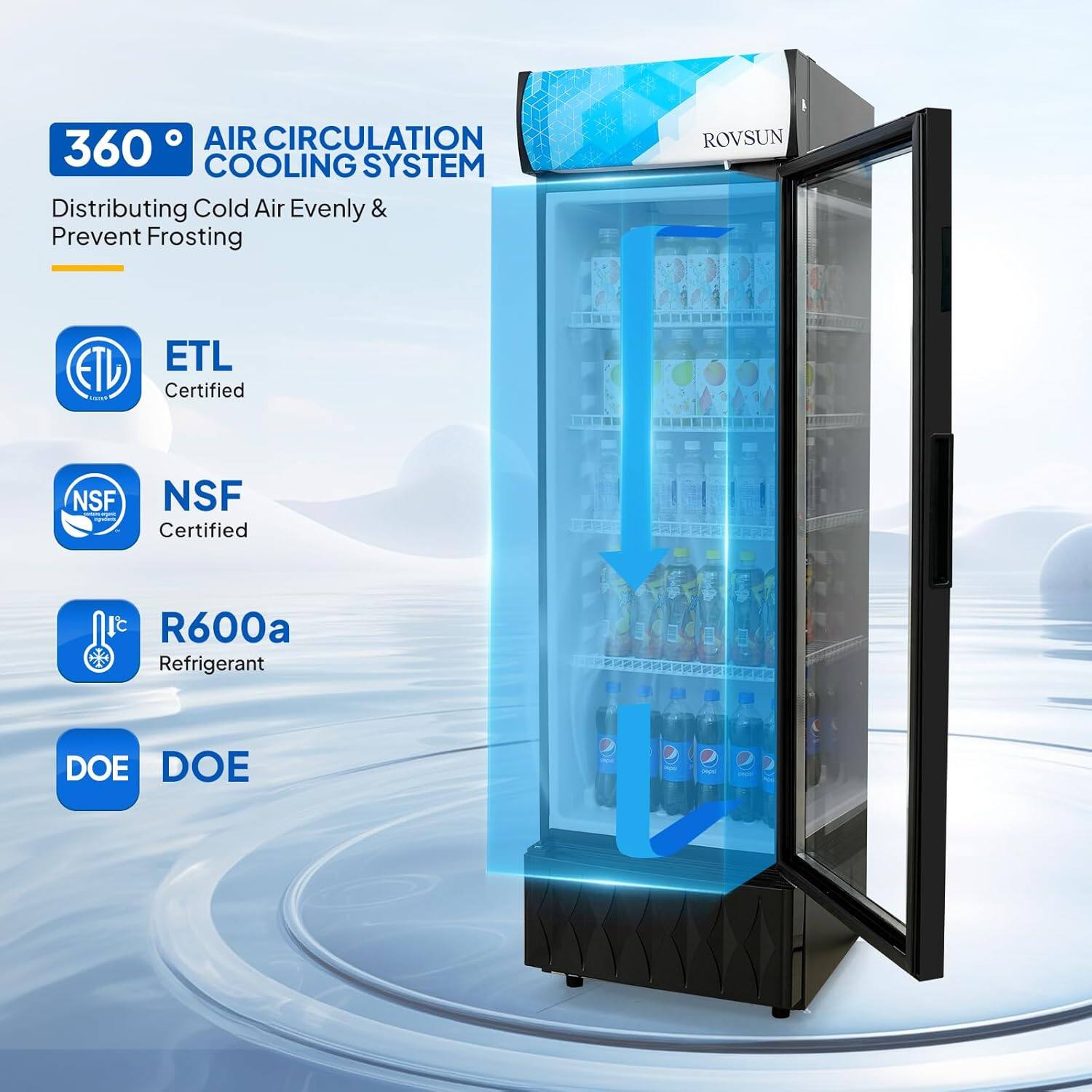 360° AIR CIRCULATION COOLING SYSTEM  
Distributing Cold Air Evenly & Prevent Frosting  

ROVSUN  
ETL - ETL Certified  
NSF - NSF Certified  
R600a Refrigerant  
DOE - DOE