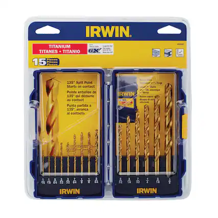 IRWIN
TITANIUM - TITANES - TITANO
15 Pieces
135° Split Point Starts on contact
Pointe entaillée de 135° qui démarré au contact
Punta partida a 135°, arranca al contacto
Secure latch Reinforced hinge
Loquet stable forcé
Aldaba segura Bisagra de metal reforzado
1 16 5 64 3 32 3 32 7 64 1 8 1 8 9 64 5 32 3 16 7 32 1 4 5 16 3 8