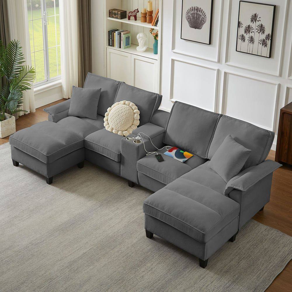 Alt View 4. Resenkos - 120" U-Shaped Sectional Sofa Bed, Corduroy 4-Seater with Storage and Cup Holders, Gray - Gray.