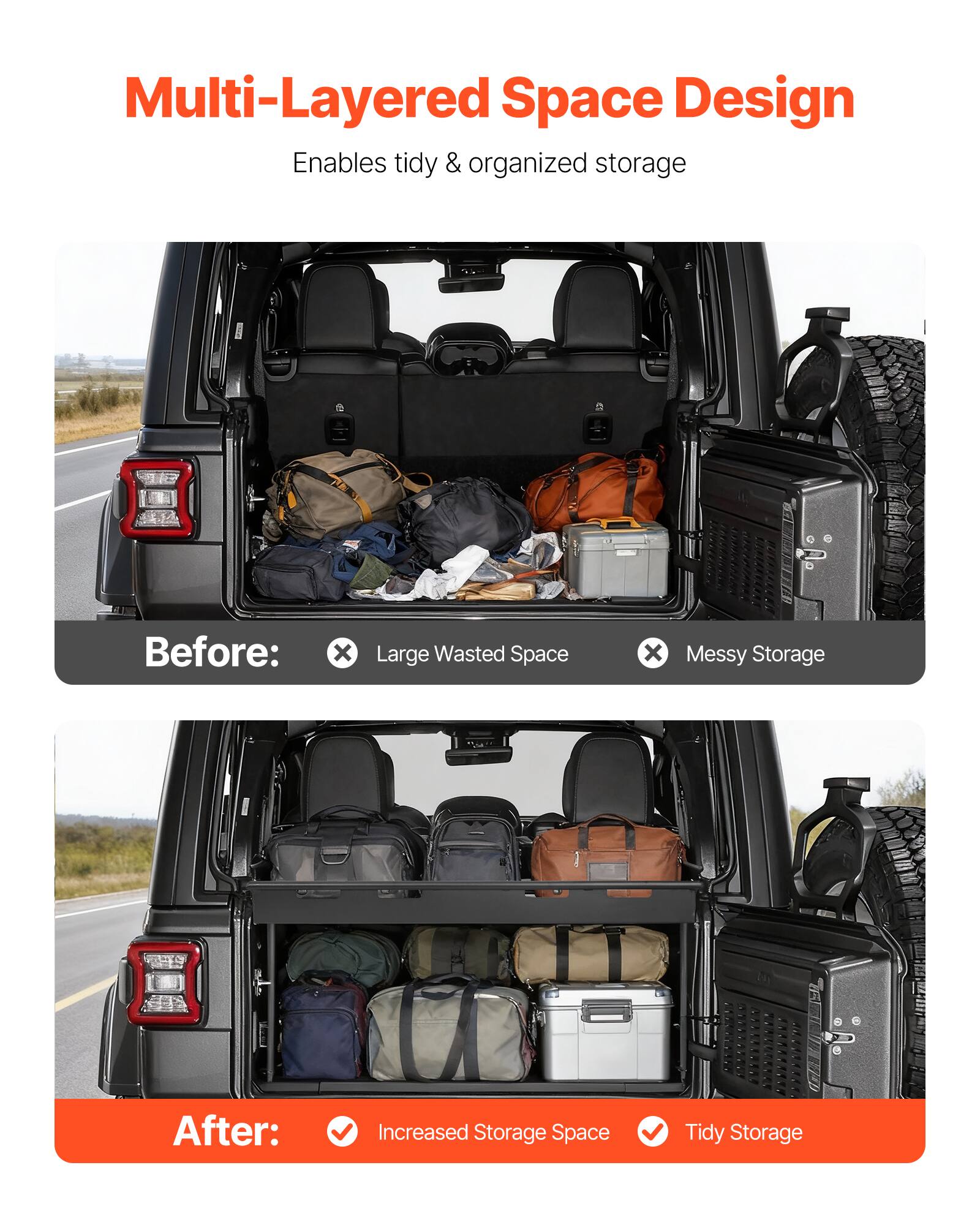 Multi-Layered Space Design  
Enables tidy & organized storage

Before:  
- Large Wasted Space  
- Messy Storage

After:  
- Increased Storage Space  
- Tidy Storage