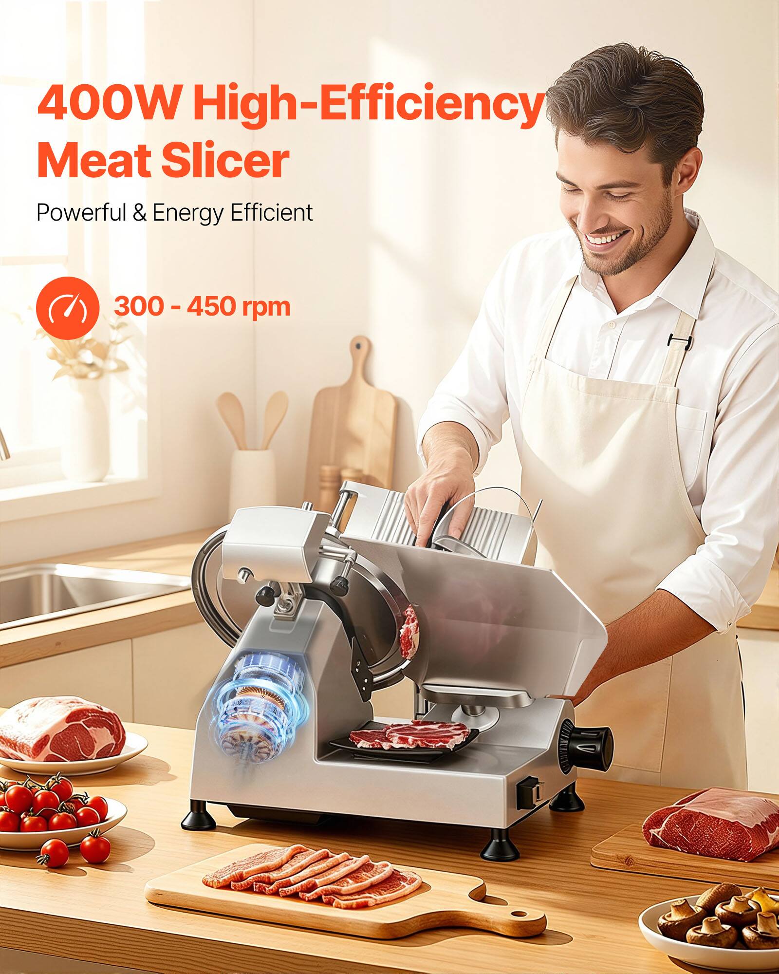 400W High-Efficiency Meat Slicer  
Powerful & Energy Efficient  
300 - 450 rpm