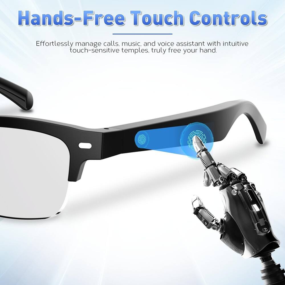 Hands-Free Touch Controls

Effortlessly manage calls, music, and voice assistant with intuitive touch-sensitive temples. Truly free your hand.