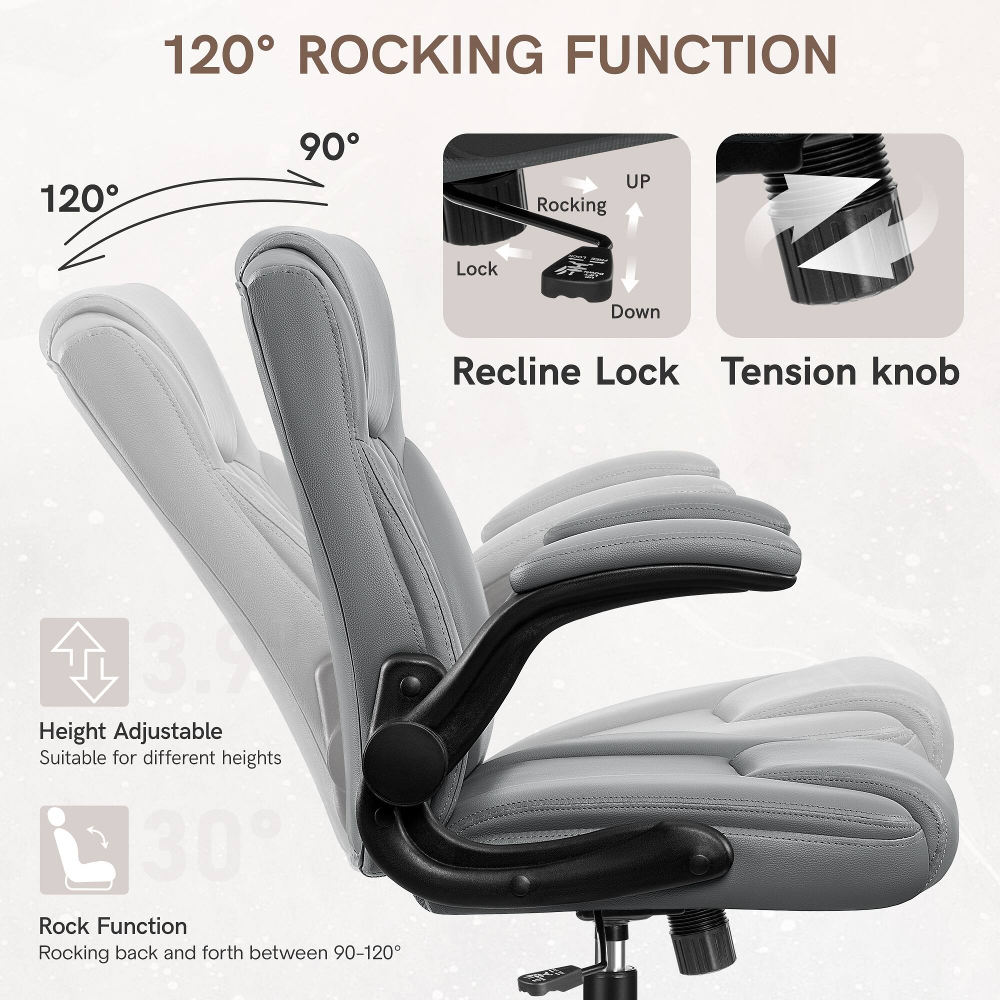 The image features a white office chair with a 120 rocking function. The chair has a rocking lock, which allows the user to lock the chair in place when they want to keep it stationary. The chair also has a tension knob for adjusting the level of tension in the rocking function. Additionally, the chair is height adjustable, making it suitable for different heights. The image also shows the chair's rocking function, which allows the chair to rock back and forth between 90 and 120 degrees.