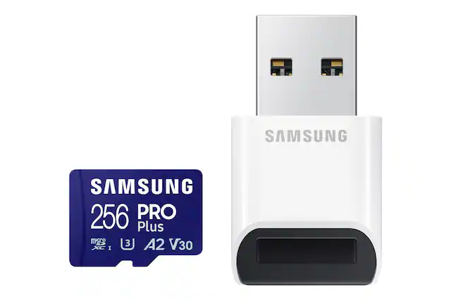Front. Samsung - Pro Plus 256GB microSDXC Memory Card - Blue.