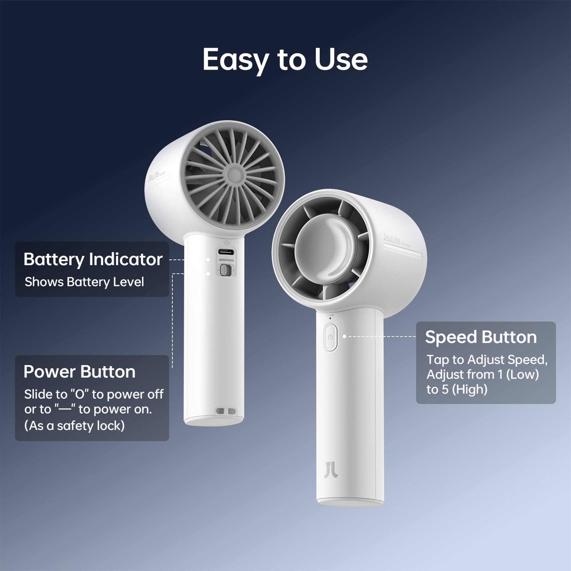 Easy to Use

Battery Indicator  
Shows Battery Level

Power Button  
Slide to "O" to power off or to "H" to power on.  
(As a safety lock)

Speed Button  
Tap to Adjust Speed, Adjust from 1 (Low) to 5 (High)