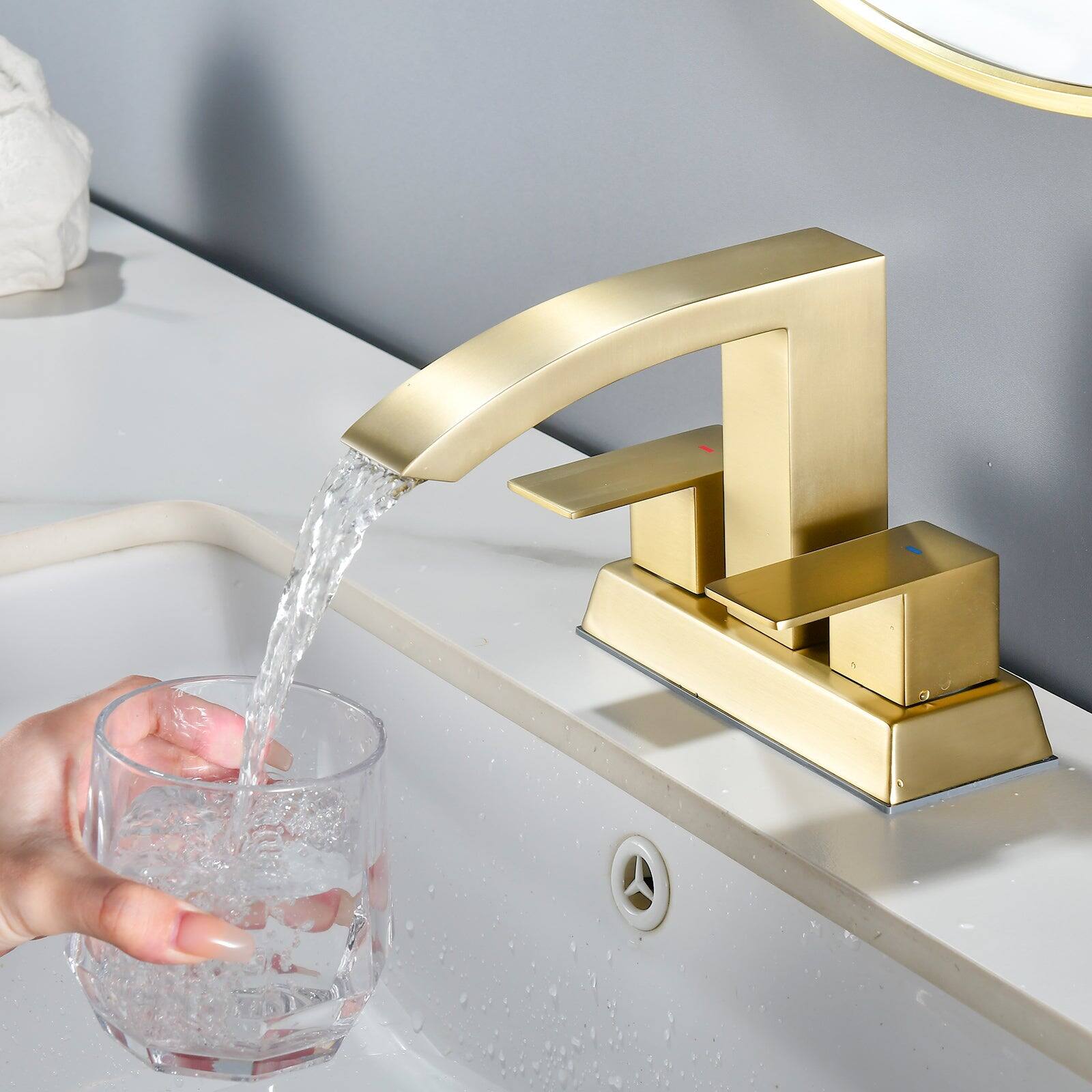 Alt View 4. Boyel Living - Brushed Gold 4 Inch Centerset Faucet SUS304 Waterfall Spout 1.2GPM Dual Handle Pop Up Drain - Brushed Gold.