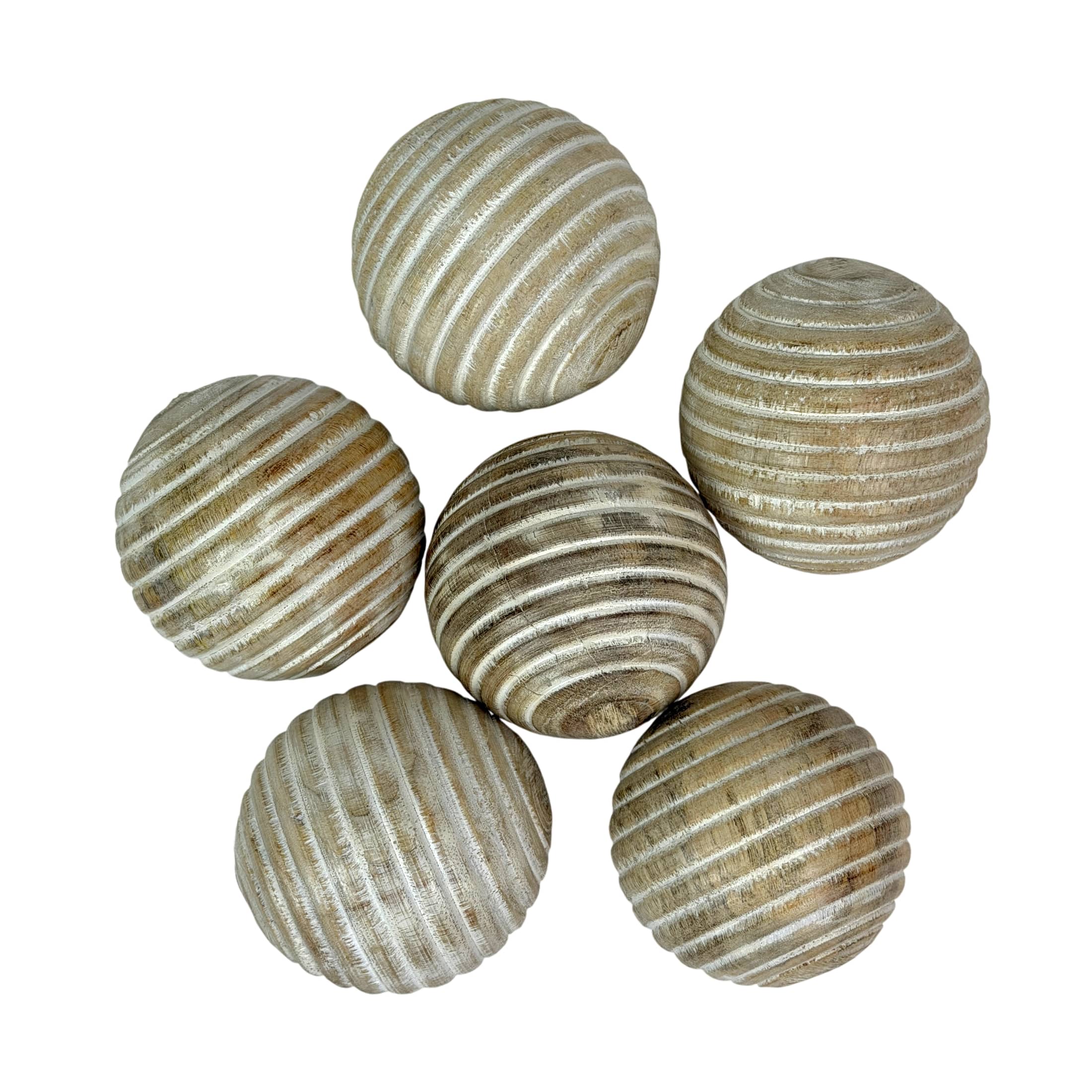 PD Home & Garden - Set of 6 Whitewashed Wood Decorative Orbs 3 Inch Ridged Striped Bowl Fillers - White