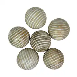 PD Home & Garden - Set of 6 Whitewashed Wood Decorative Orbs 3 Inch Ridged Striped Bowl Fillers - White