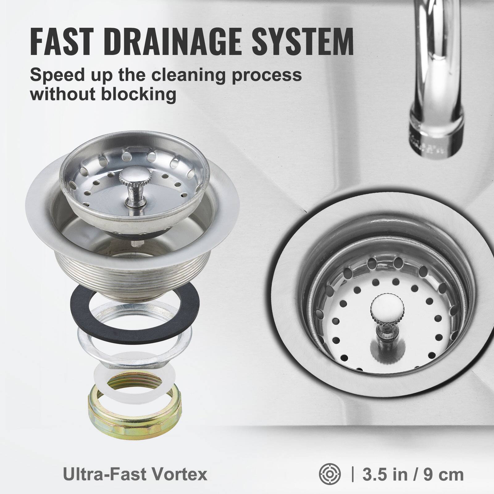 FAST DRAINAGE SYSTEM  
Speed up the cleaning process without blocking  

Ultra-Fast Vortex  

3.5 in / 9 cm