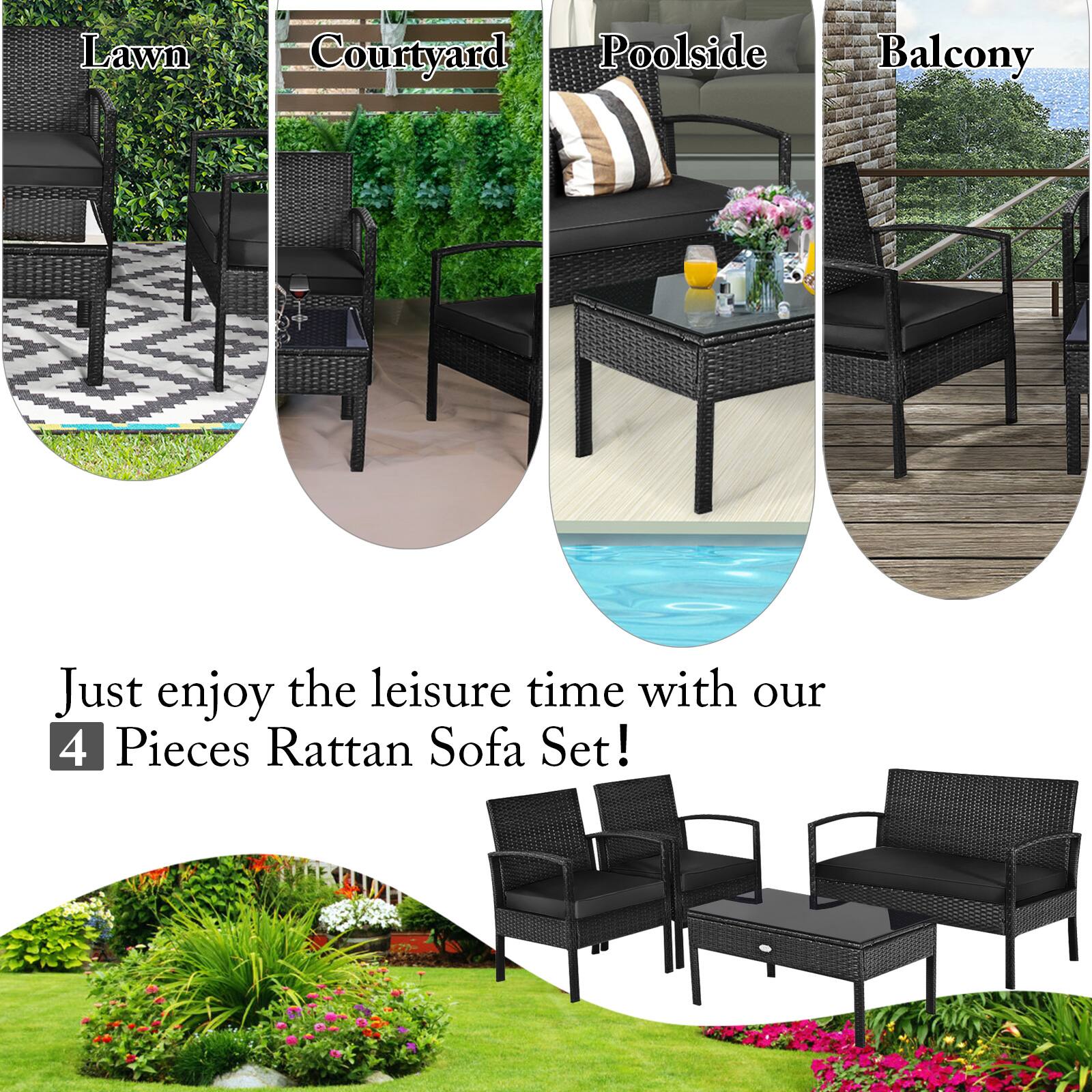 Lawn, Courtyard, Poolside, Balcony, Just enjoy the leisure time with our 4 Pieces Rattan Sofa Set!