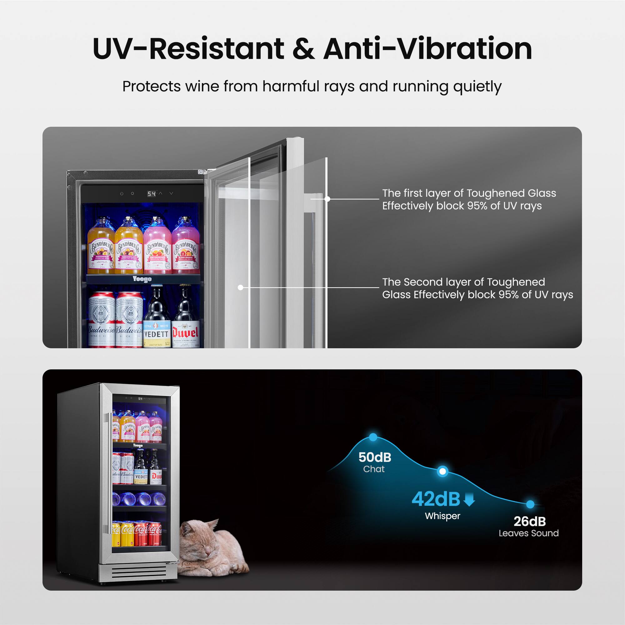 UV-Resistant & Anti-Vibration
Protects wine from harmful rays and running quietly

The first layer of Toughened Glass Effectively block 95% of UV rays
The Second layer of Toughened Glass Effectively block 95% of UV rays

50dB Chat
42dB Whisper
26dB Leaves Sound