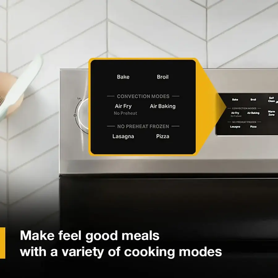 The text on the image is grouped and corrected as follows:

"Make feel good meals with a variety of cooking modes: Bake, Broil, Convection modes, Air Fry, Air Baking, No Preheat, Bake, Broil, Convection modes, Air Fry, Air Baking, No Preheat, Frozen, Lasagna, Pizza."