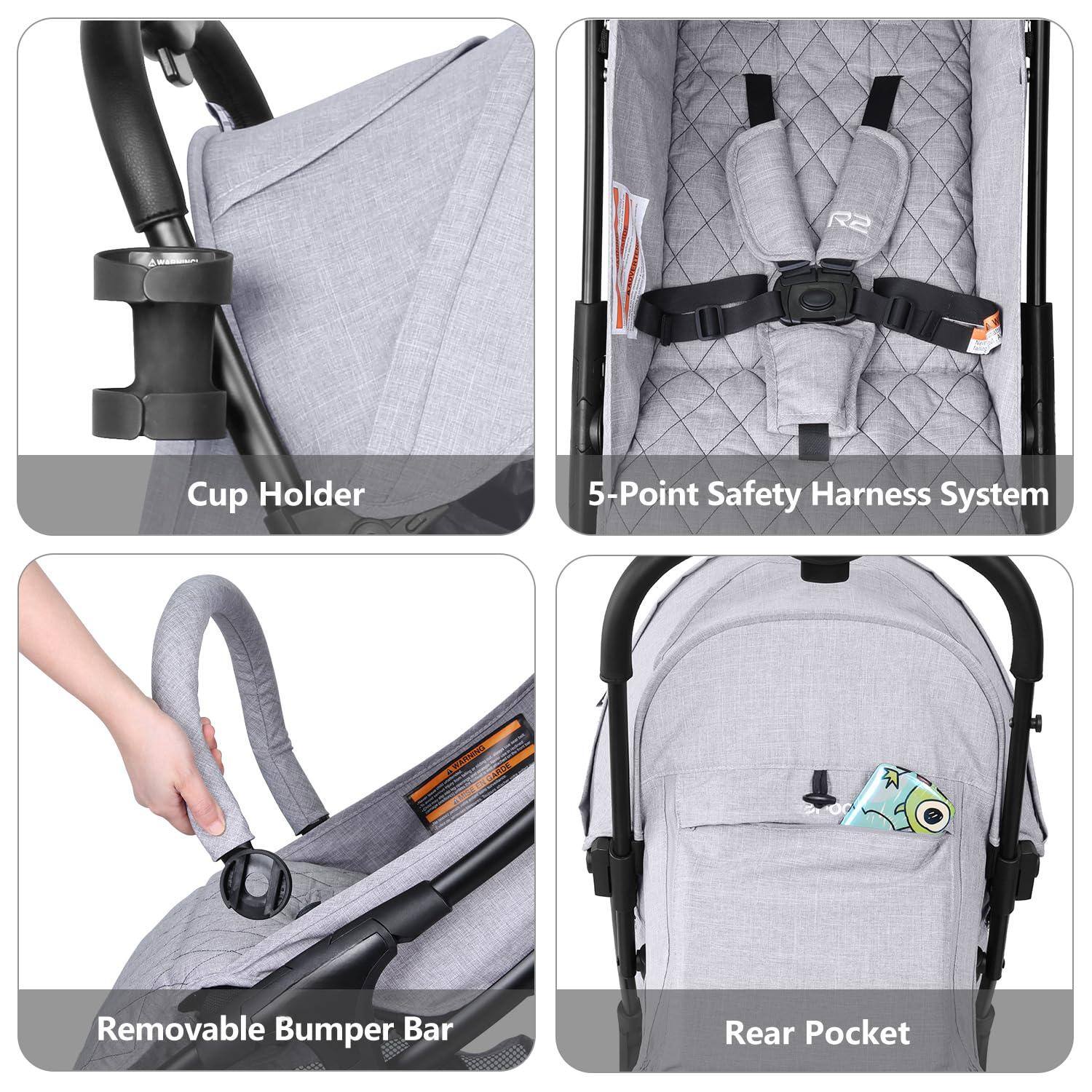 - Cup Holder
- 5-Point Safety Harness System
- Removable Bumper Bar
- Rear Pocket
