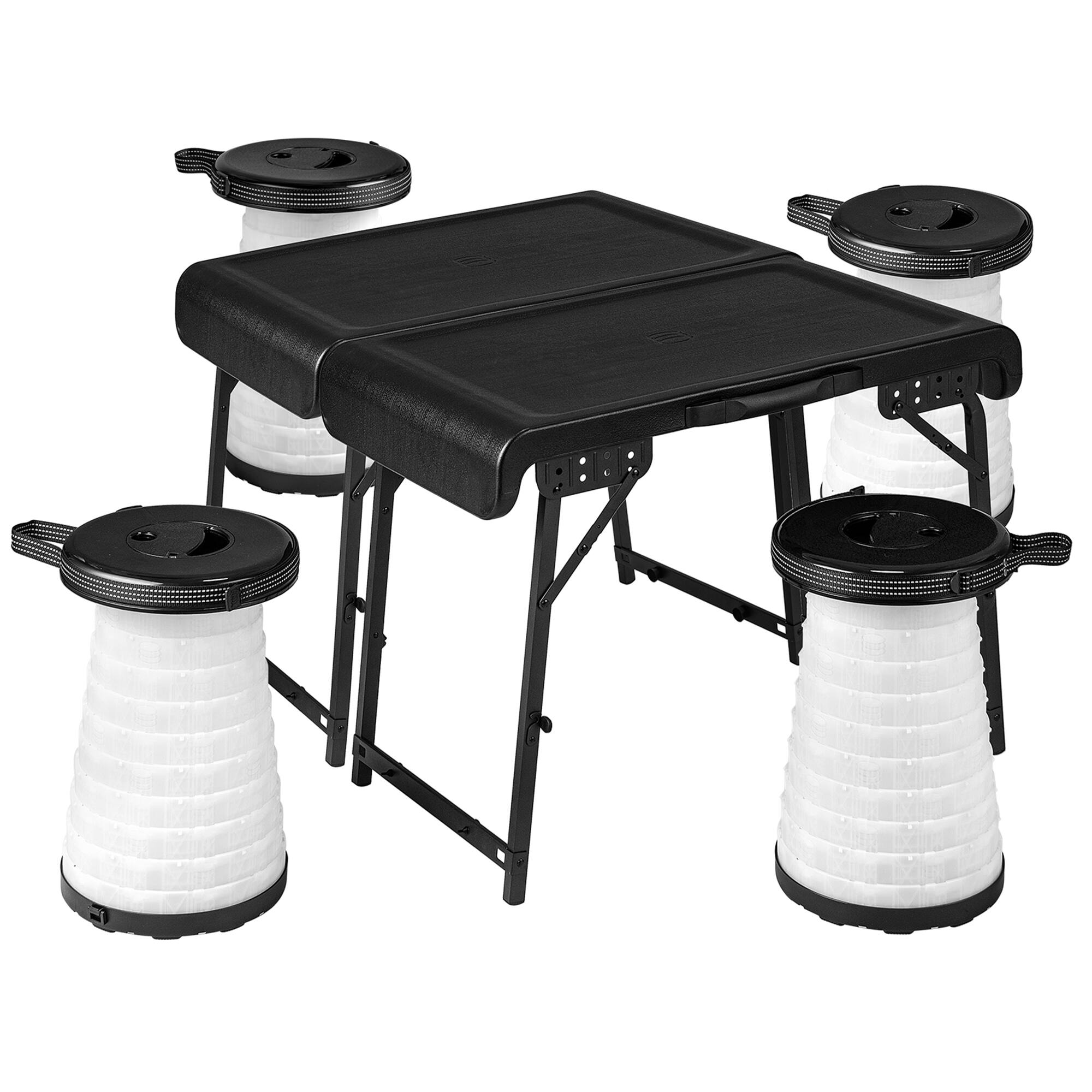 Left. Costway - 3-Piece Folding Table Stool Set with a Camping Table & 2 Retractable LED Stools - Black+White.