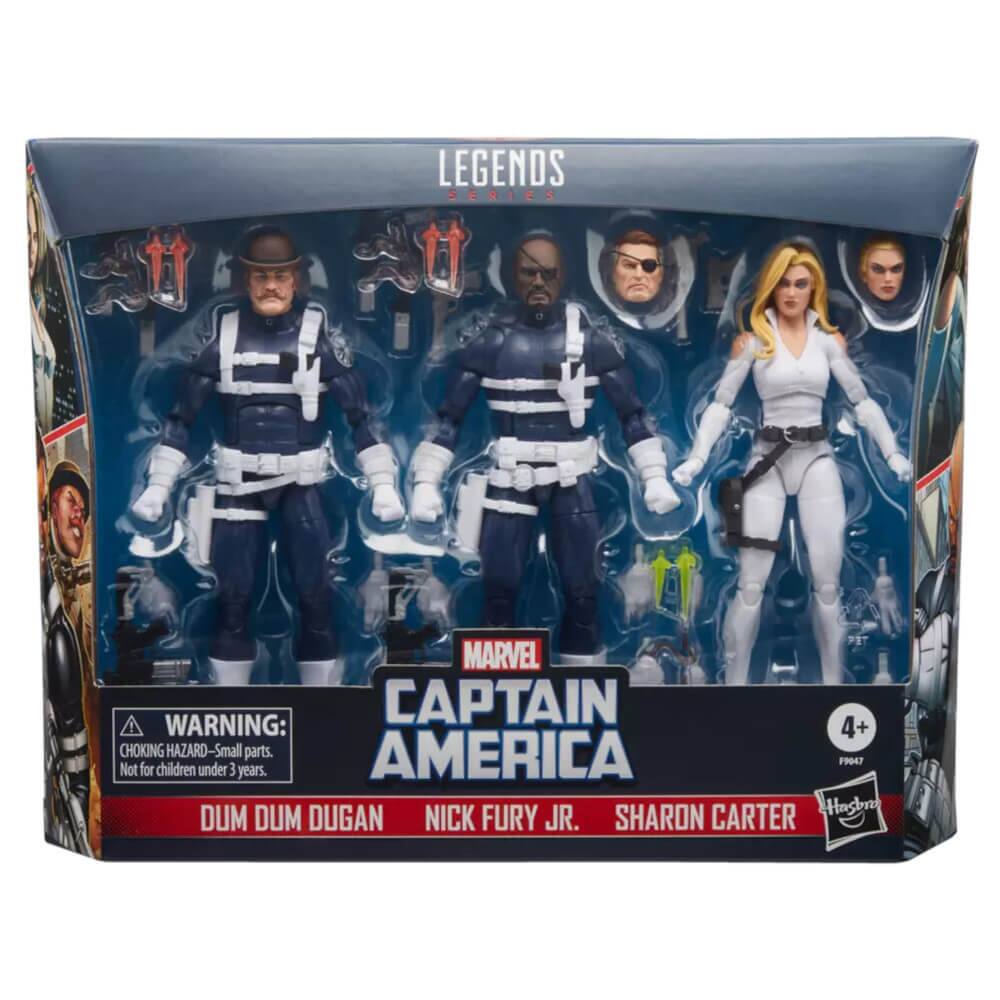 LEGENDS SERIES MARVEL WARNING: CAPTAIN AMERICA 4+ CHOKING HAZARD-Small parts. Not for children under 3 years. DUM DUM DUGAN NICK FURY JR. SHARON CARTER Hasbro