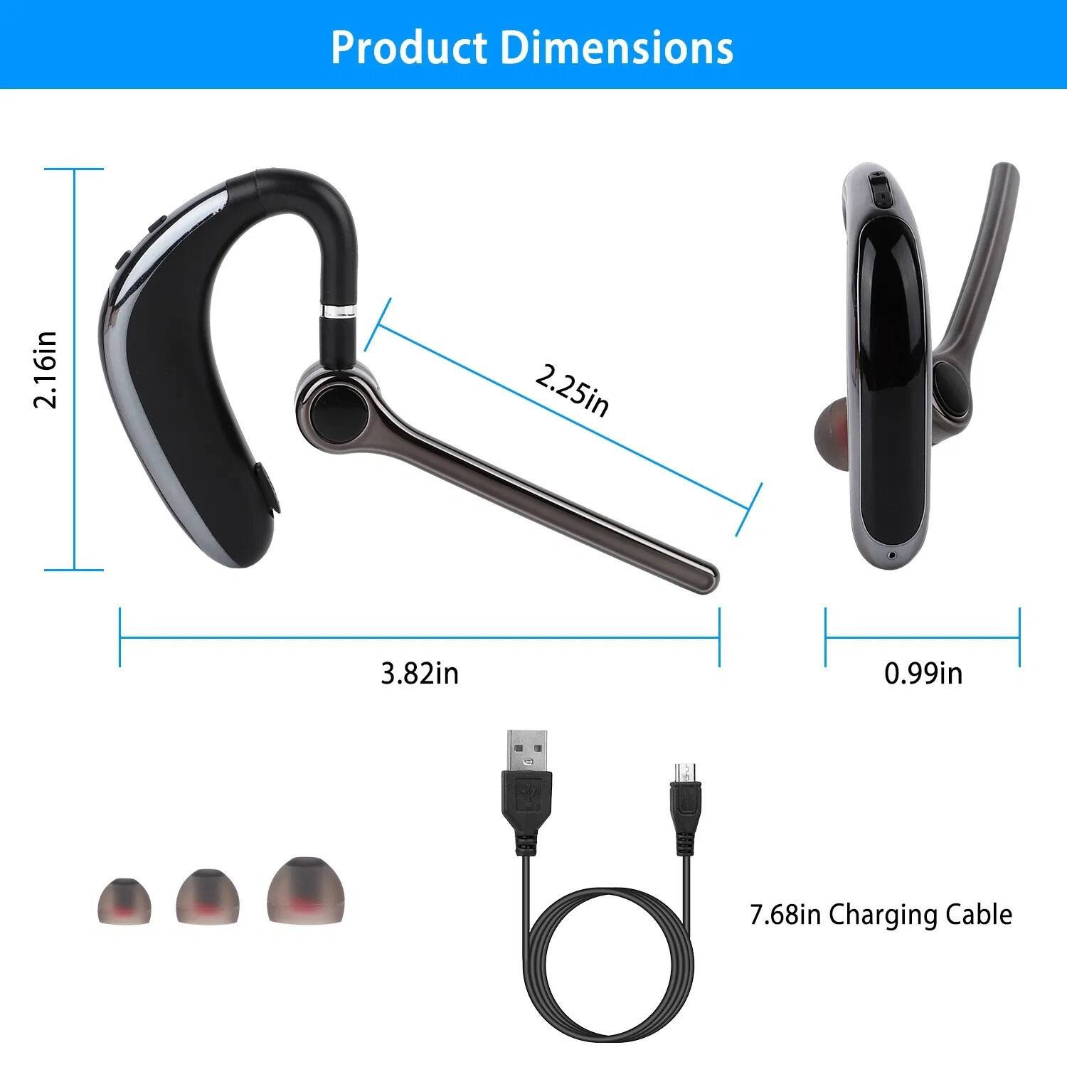Product Dimensions

- 2.16in
- 2.25in
- 3.82in
- 0.99in
- 7.68in Charging Cable