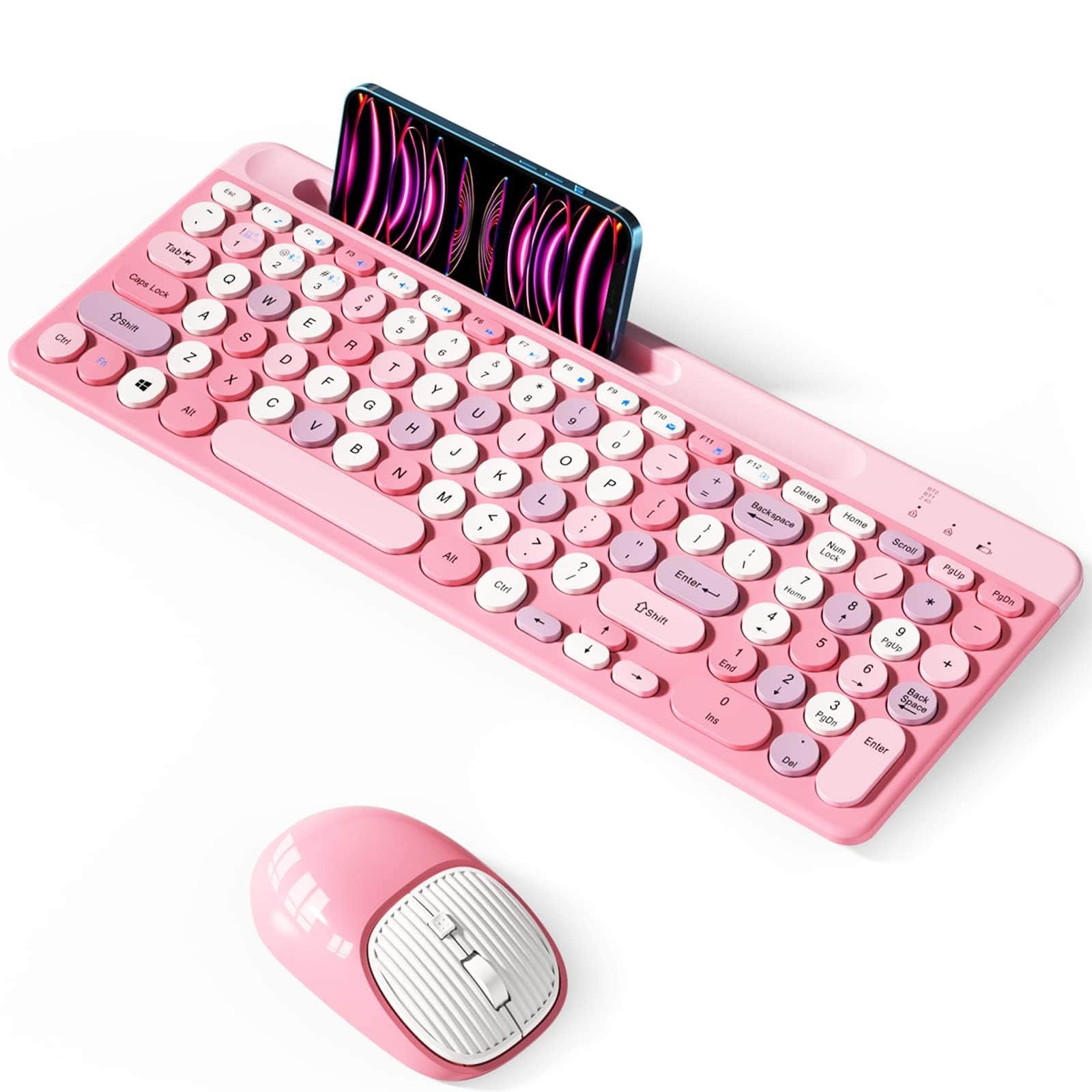 TECH SAFARI - And Mouse Wireless Multi-device Rechargeable Combo With Phone Holder bluetooth 5 0 3 0 Quiet Compatible Mac - Pink