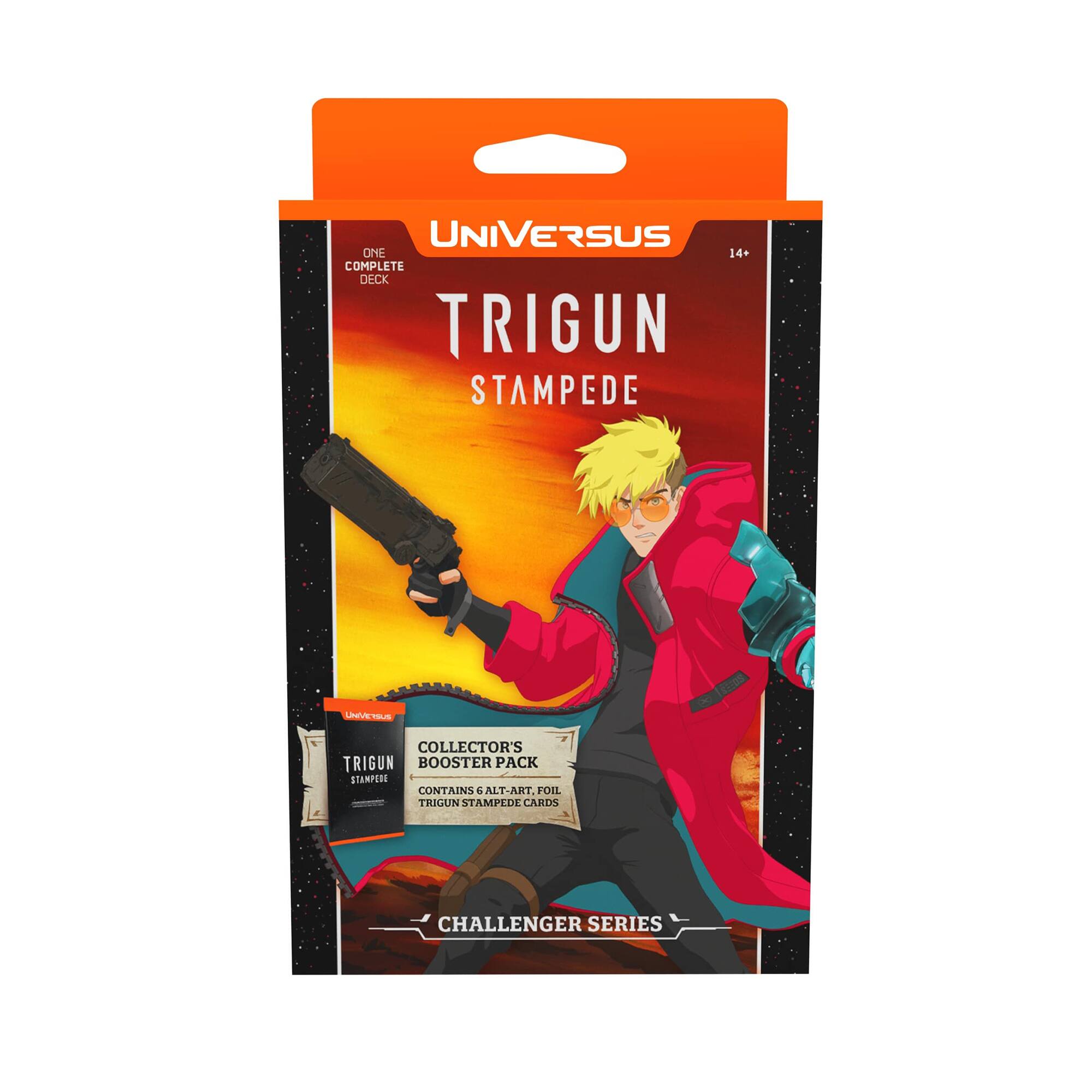 Universus One 14+ Complete Deck Trigun Stampede Collector's Trigun Booster Pack contains 4 alt-art foil Trigun Stampede cards Challenger Series.