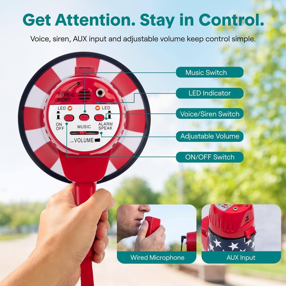 Get Attention. Stay in Control.  
Voice, siren, AUX input and adjustable volume keep control simple.

- Music Switch
- LED Indicator
- Voice/Siren Switch
- Adjustable Volume
- ON/OFF Switch
- Wired Microphone
- AUX Input
