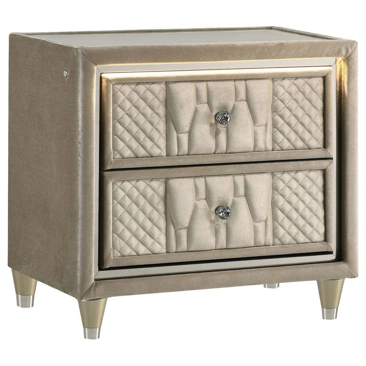 Angle. Loheer - Loheer LED Nightstand with USB-A and USB-C Ports, Ivory and Camel Velvet, 2 Drawers - Ivory and Camel.