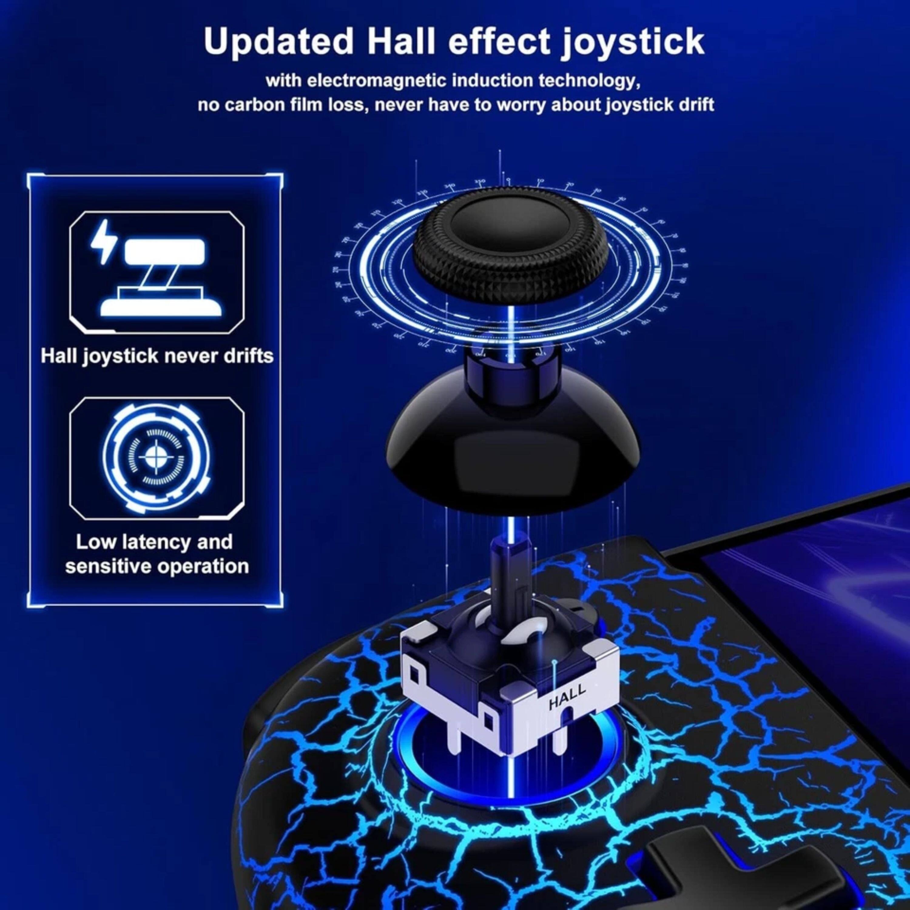 Updated Hall effect joystick with electromagnetic induction technology, no carbon film loss, never have to worry about joystick drift. Hall joystick never drifts. Low latency and sensitive operation.