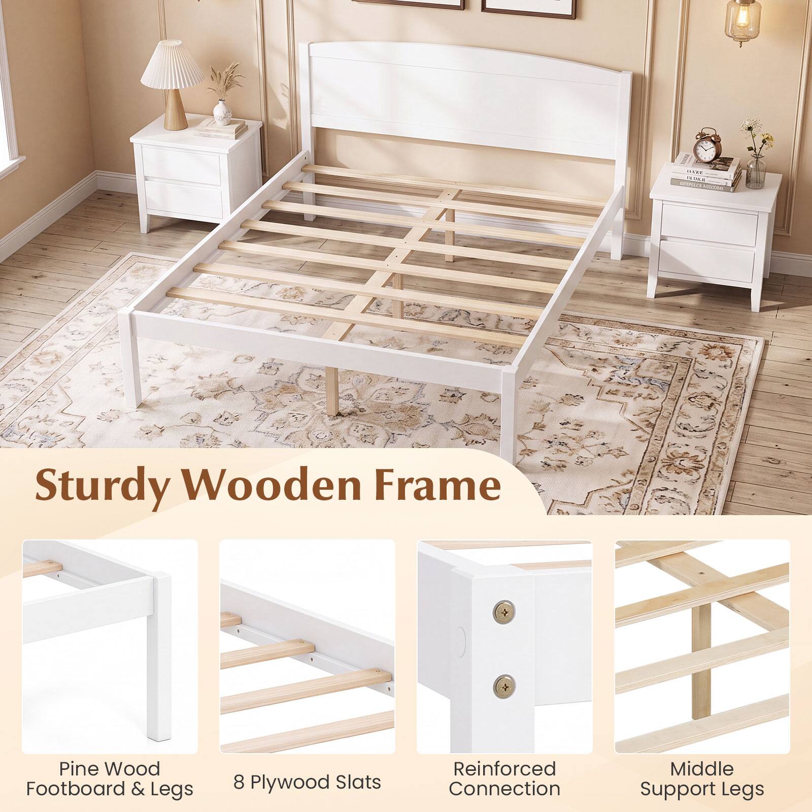 UVRE TUTALE 1 BEXPGLOKASSGERME

Sturdy Wooden Frame
Pine Wood Footboard & Legs
8 Plywood Slats
Reinforced Connection
Middle Support Legs